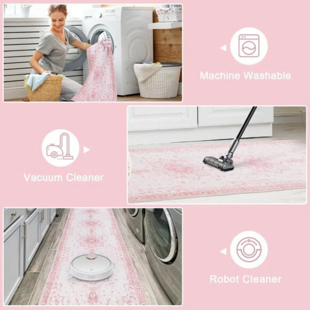 New 5x7 Pink Vintage Floral Rug Soft Washable Non-Slip Carpet for Home Decor